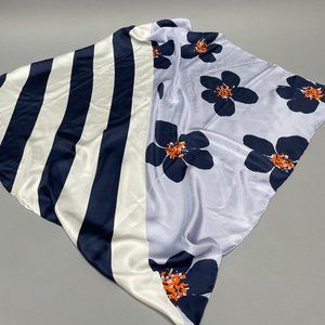 Kate Spade Large Silk Scarf - Light Blue, Navy, White, Orange, Stripes/Flowers